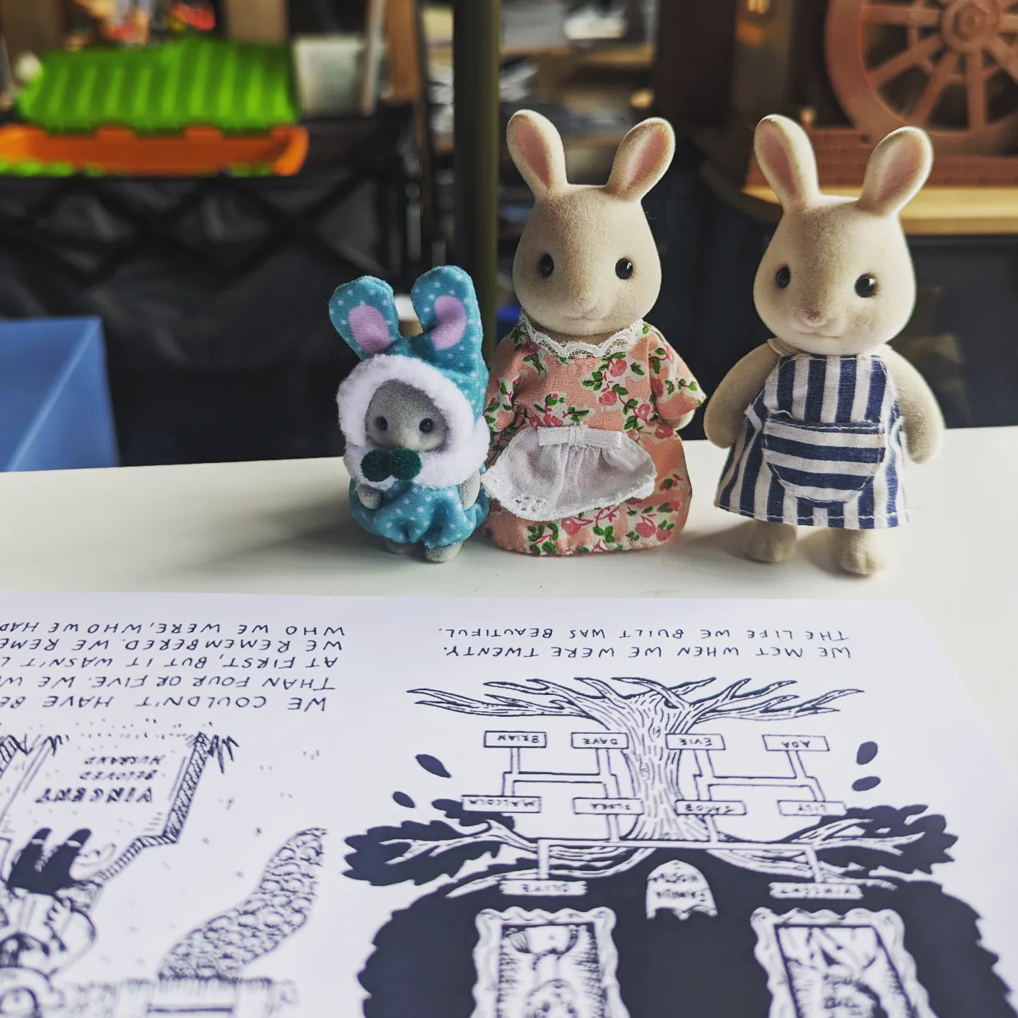 Handmade felt creatures and a haunted house drawing from a Weird Crafts session